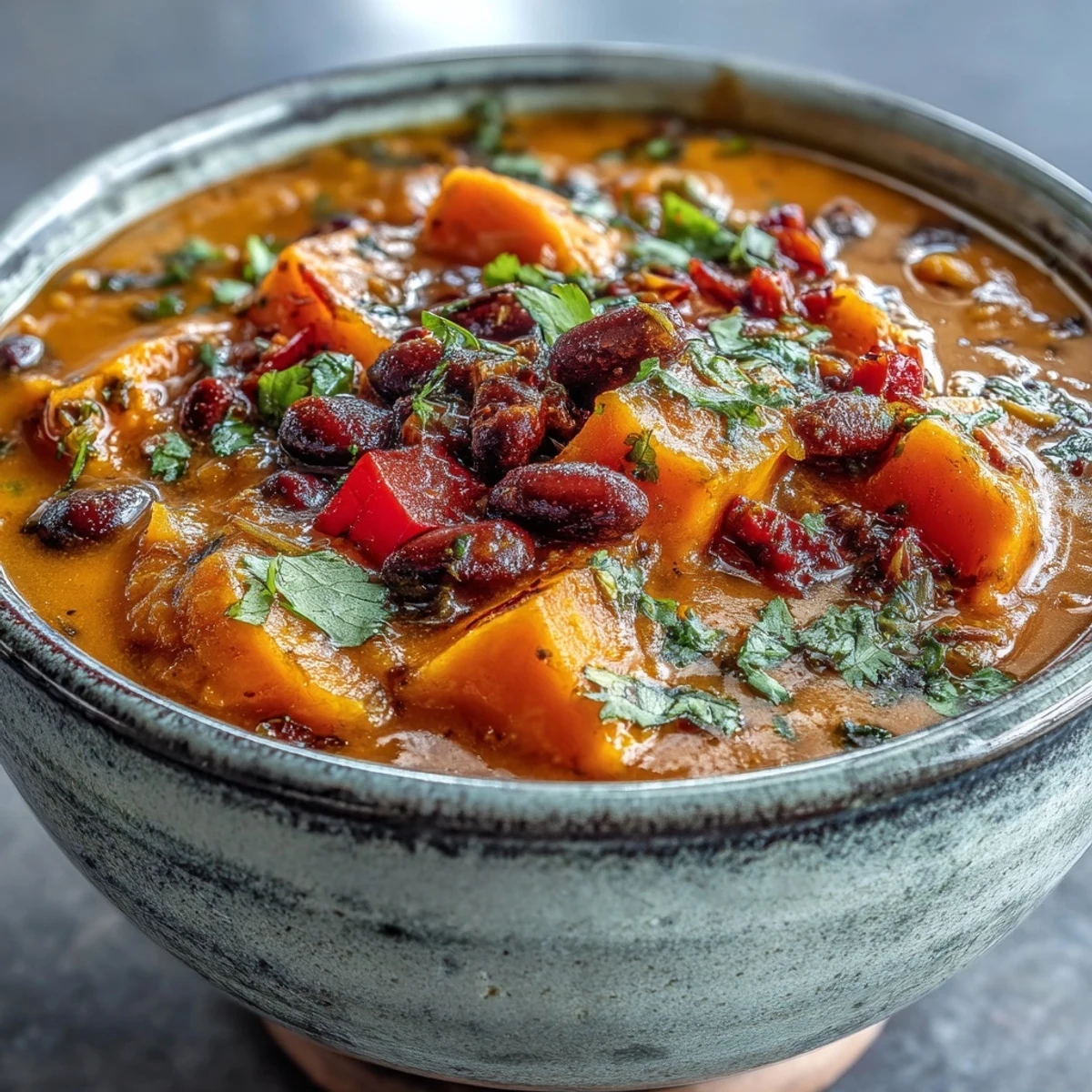 Sweet Potato and Black Bean Soup served steaming hot in a rustic bowl, topped with fresh cilantro and creamy avocado slices.