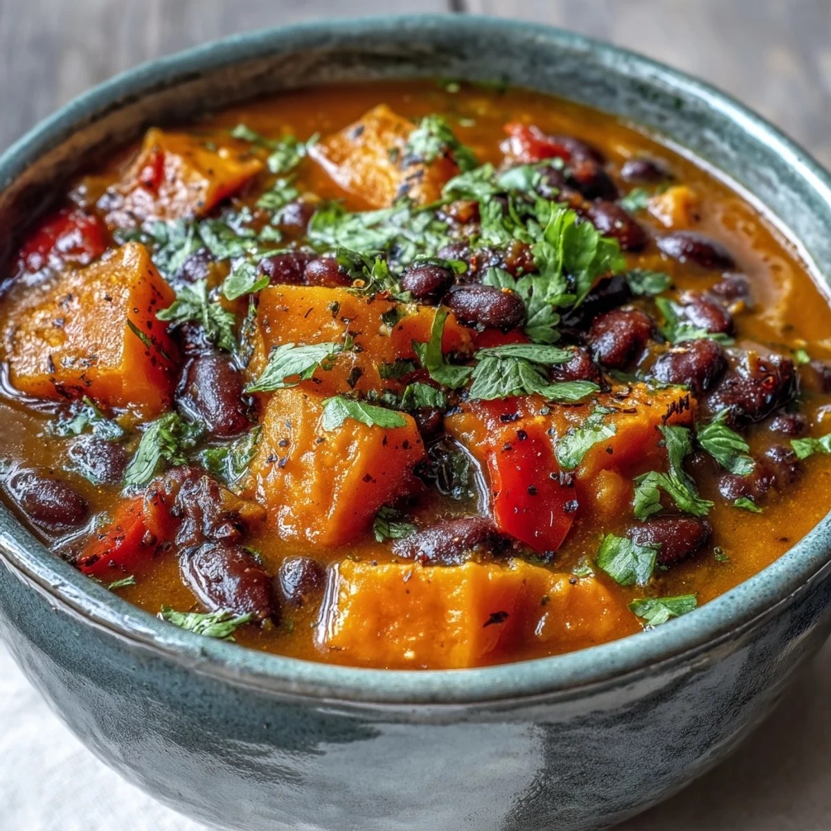 Garnished bowl of Sweet Potato and Black Bean Soup with a lime wedge on the side, ready to serve.