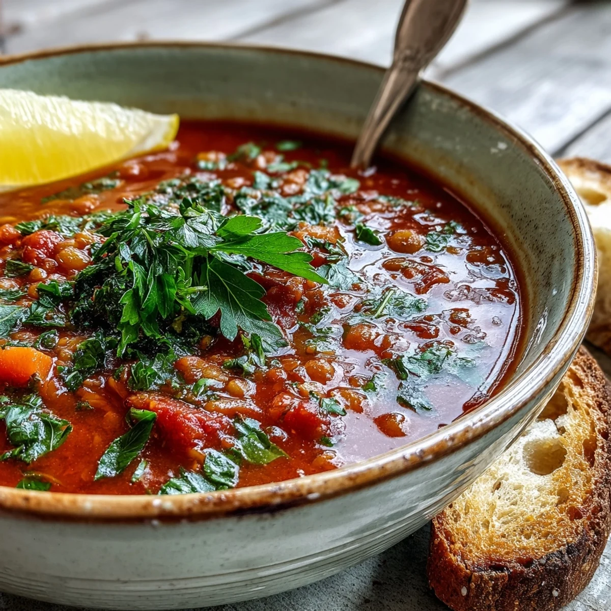 Fork-tender lentils and diced tomatoes simmer in a savory, steamy broth inside a large pot.
