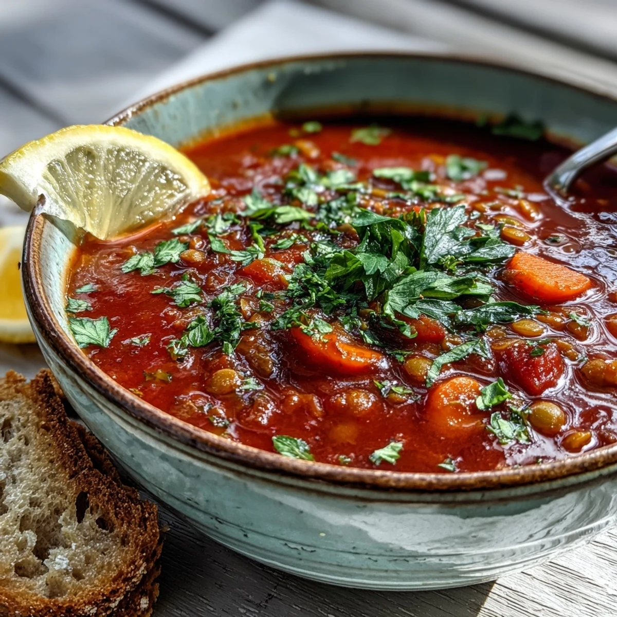 A vibrant bowl of Tomato Lentil Soup garnished with fresh parsley and a lemon wedge.