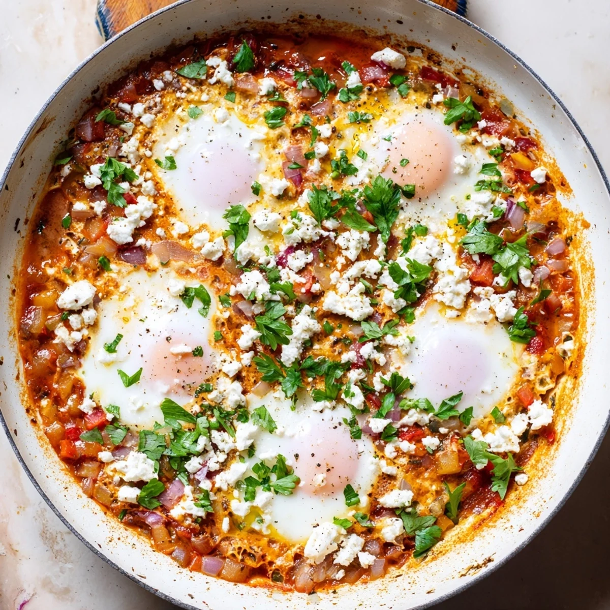 A close-up of shakshuka in a skillet, with vibrant red tomato sauce and perfectly poached eggs glistening with olive oil.