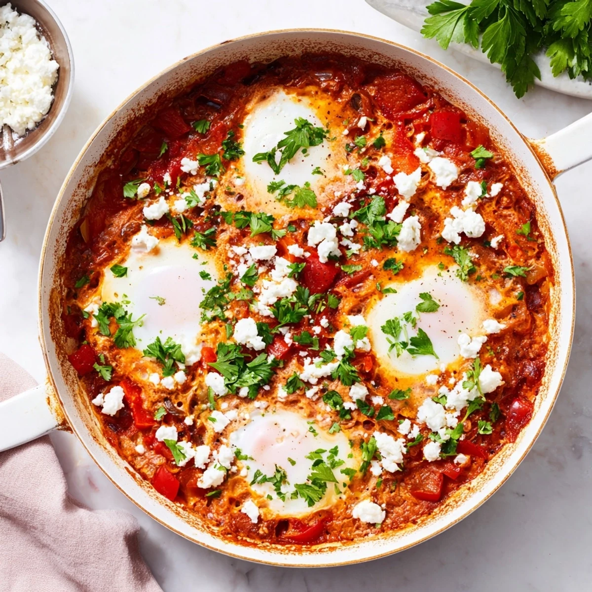 A steaming pan of shakshuka featuring runny yolks nestled in a spiced tomato and pepper sauce, perfect for a savory breakfast.