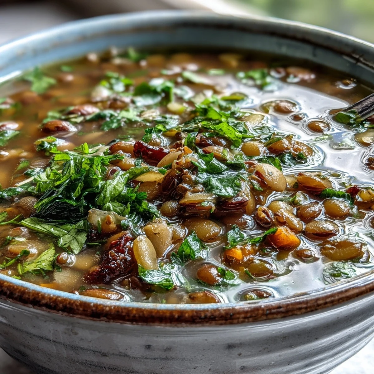 Hearty, steaming Mung Bean Soup served in a rustic white bowl, garnished with fresh cilantro and a lemon wedge.