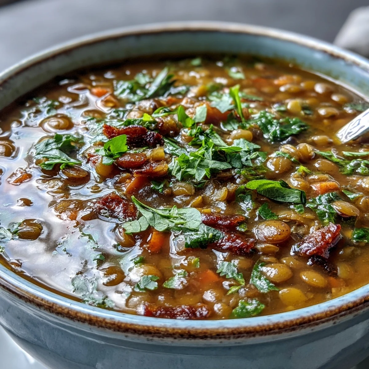 Close-up of a ladle scooping up a bowl of golden Mung Bean Soup, paired with fluffy naan bread.