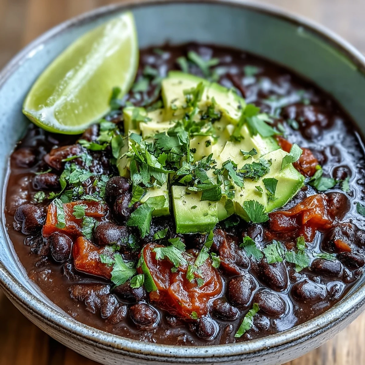 Black Bean Soup ladled from a pot, showing its thick texture with diced onions and a swirl of olive oil.