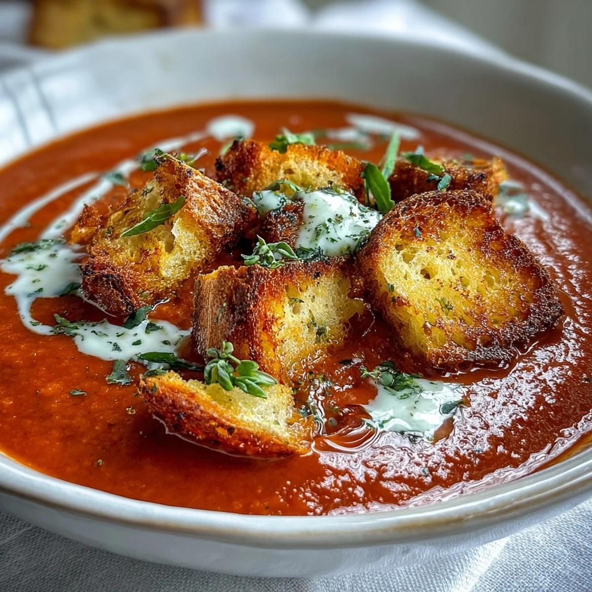 A close-up of roasted red pepper soup topped with golden, crunchy croutons, fresh parsley, and a swirl of cream.