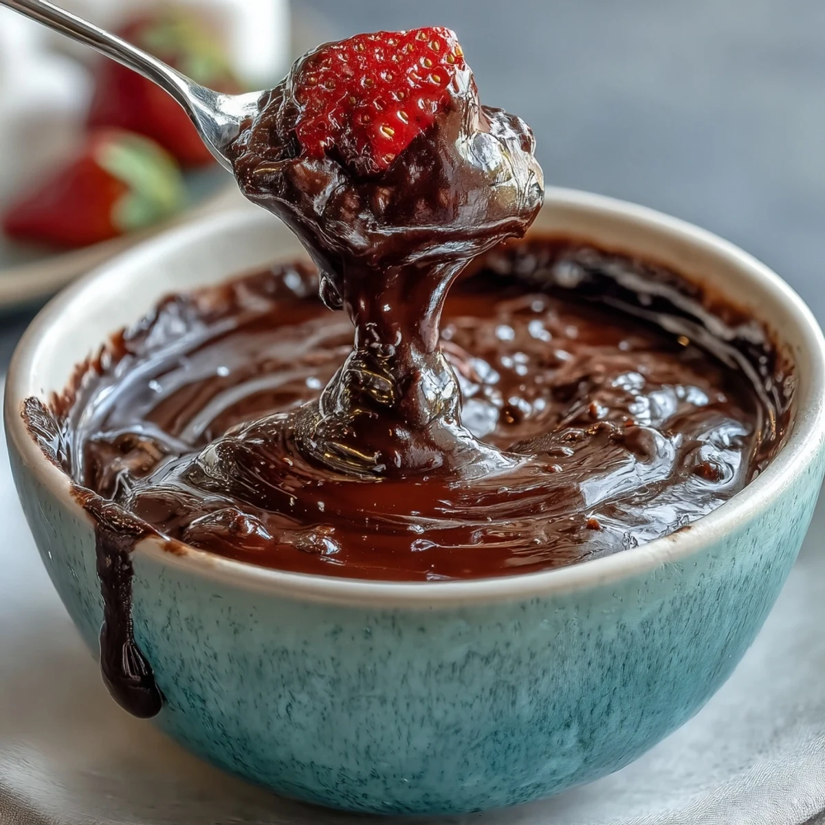 Creamy Boozy Chocolate Fondue with pound cake cubes and fresh fruit for dipping.
