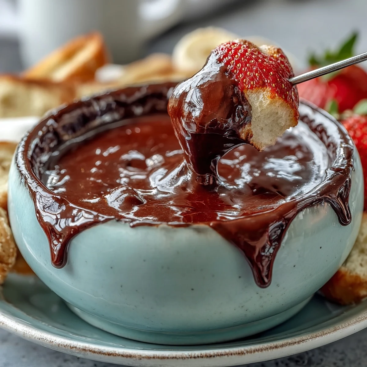 Decadent Boozy Chocolate Fondue with melted chocolate and colorful fruit skewers for a party.