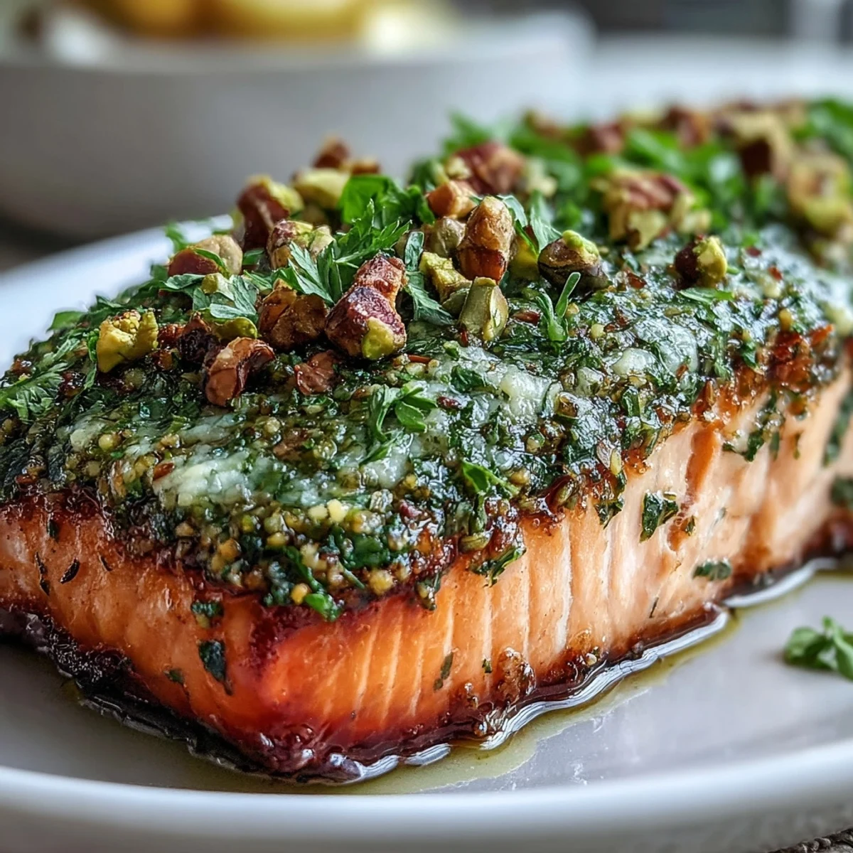 Confit Salmon With Tahini, Pistachio and Herb Crust fillets, flaky and tender from oil poaching, resting on a plate with lemon wedges.