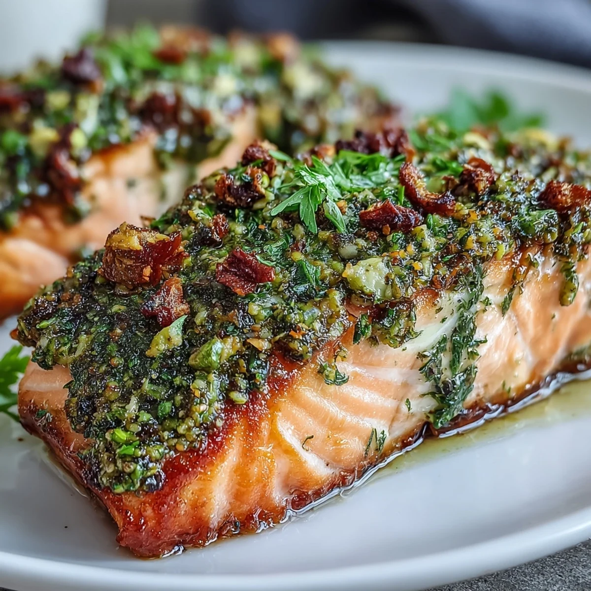 Golden-baked Confit Salmon With Tahini, Pistachio and Herb Crust plated warmly, drizzled with olive oil and ready to serve with flatbread.