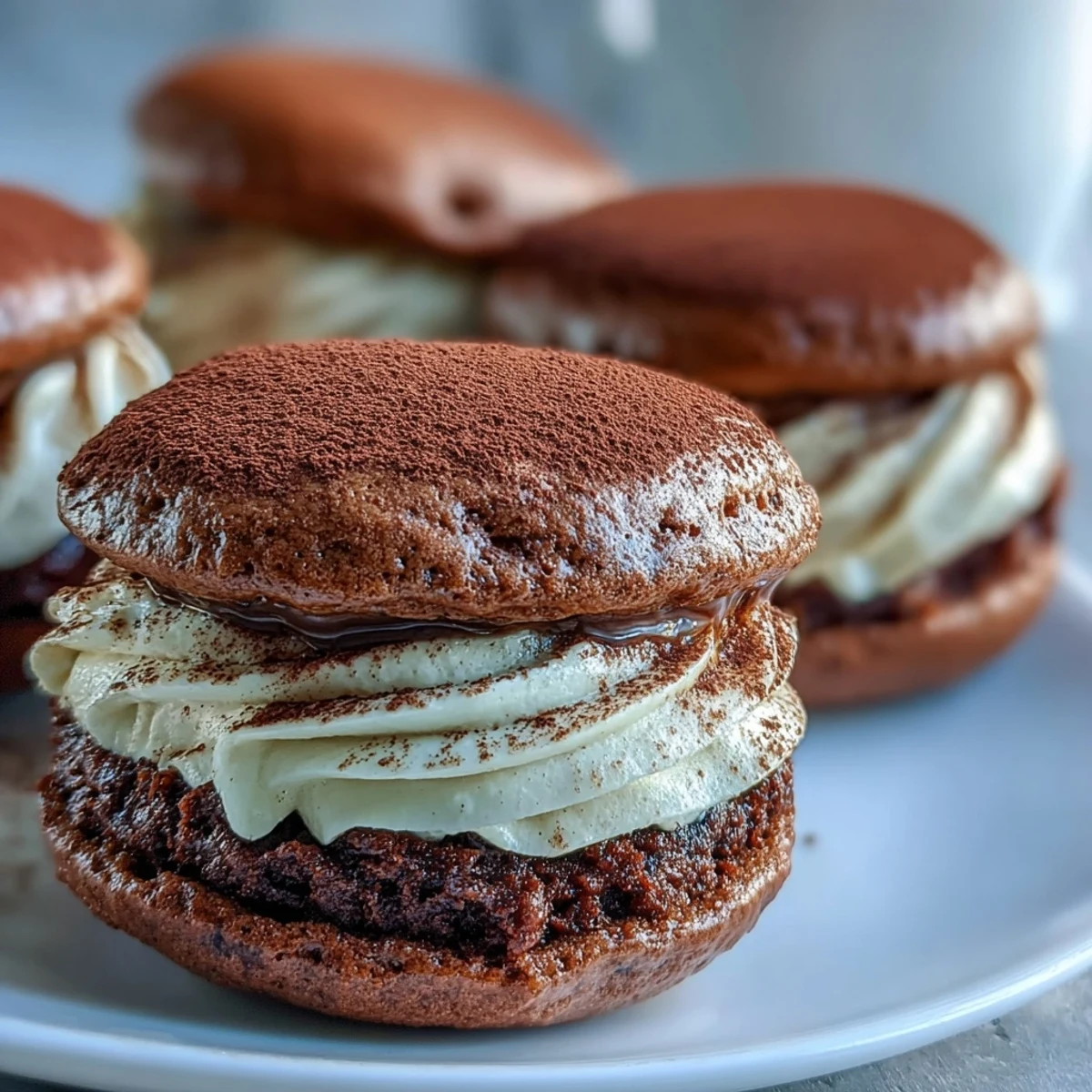 Soft, cake-like chocolate cookies are filled with espresso mascarpone cream in these Tiramisu Whoopie Pies.