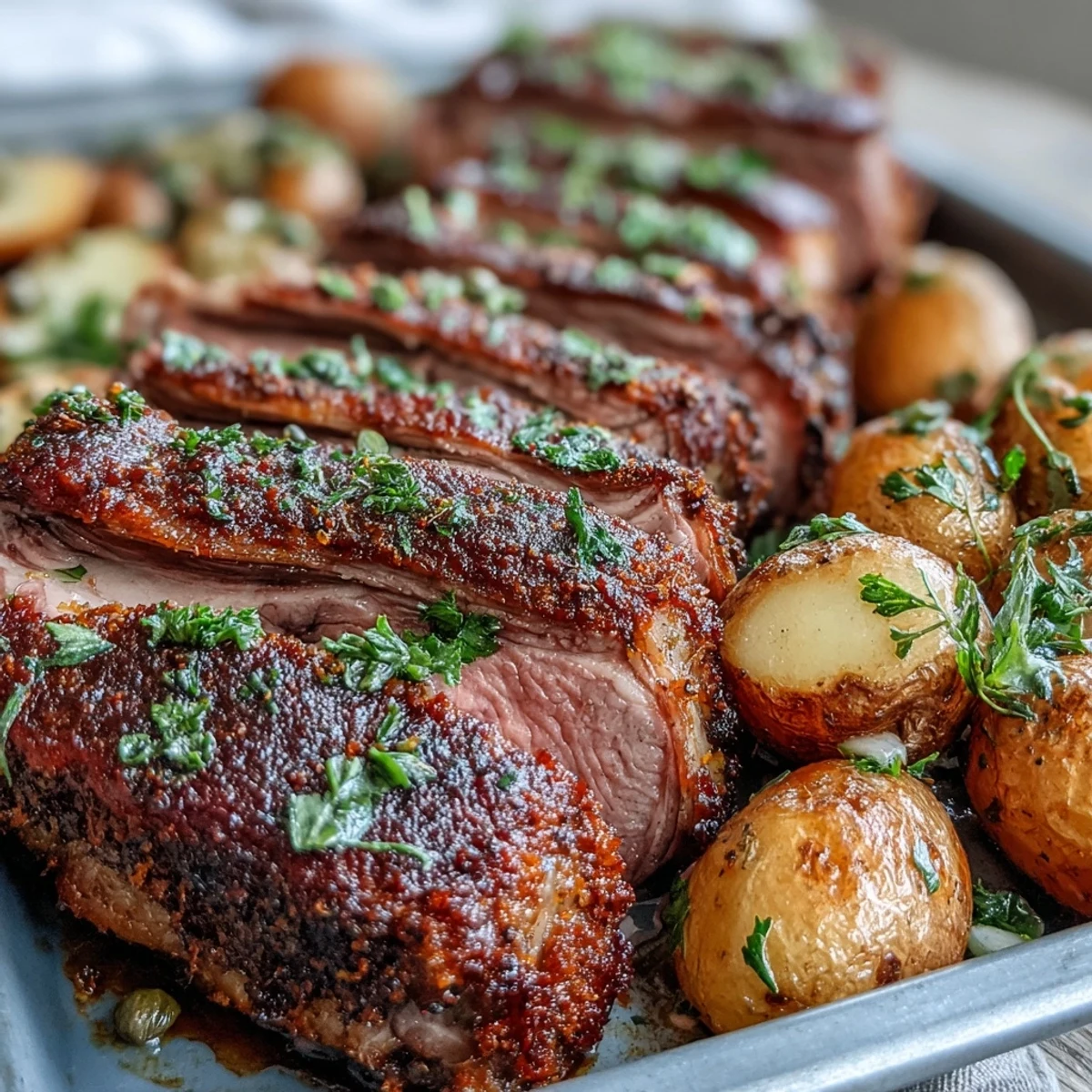 A finished rack of lamb sliced into chops, served with golden roasted potatoes tossed with green olives, parsley, and lemon zest on a rustic plate.