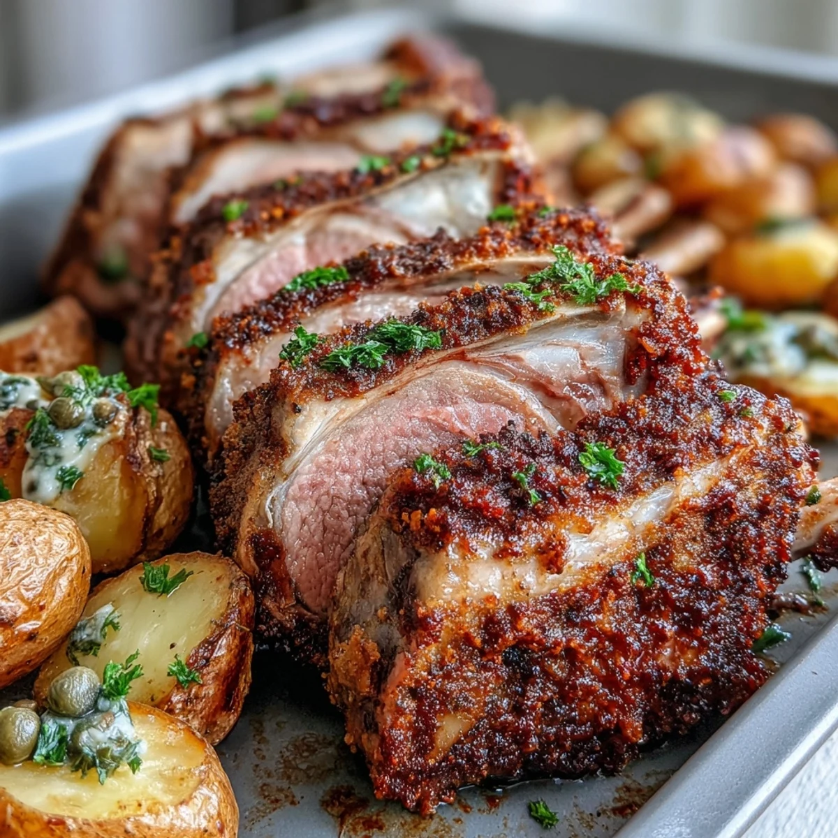 A juicy rack of lamb roasted to medium-rare with herb crust, resting alongside crispy potatoes studded with bright green olives on a parchment-lined tray.