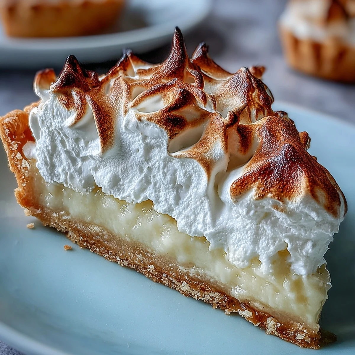 Golden-brown meringue peaks top a slice of homemade Lemon Meringue Pie, revealing a bright yellow filling and flaky pastry crust.
