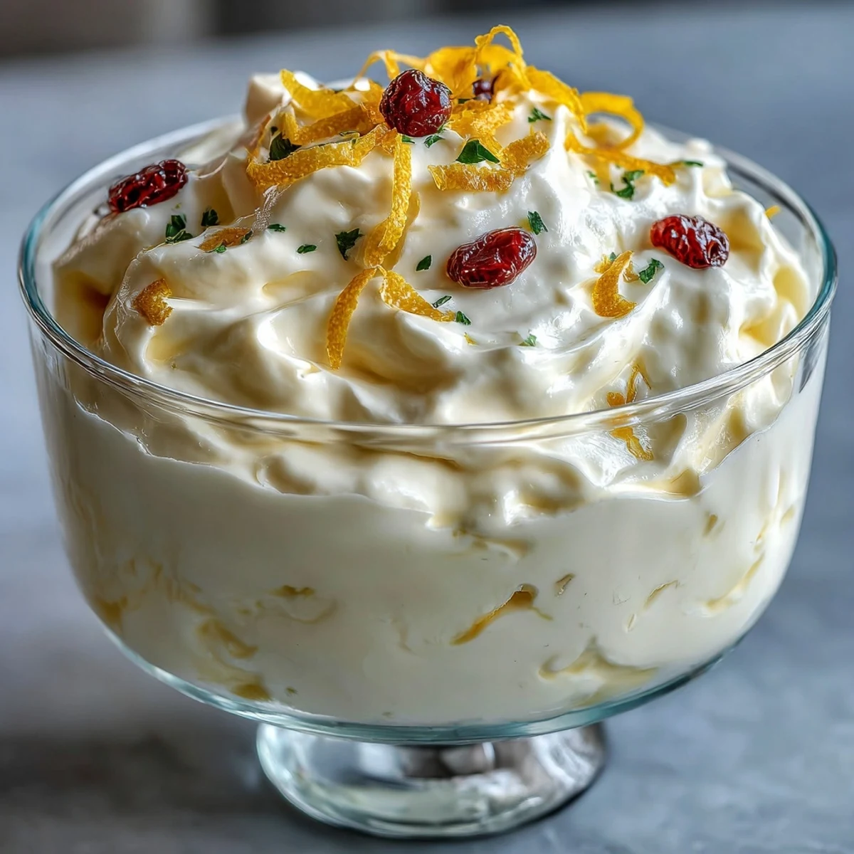 Freshly made Lemon Fool layered in a glass, topped with lemon zest and a buttery shortbread biscuit for a crunchy contrast.