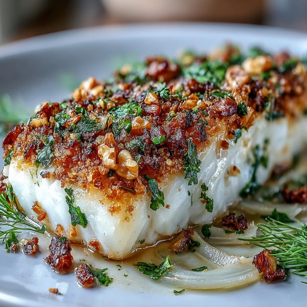 Golden-brown Baked Halibut with Fennel sits atop a bed of sliced bulbs, finished with a rustic lemon walnut pangrattato.