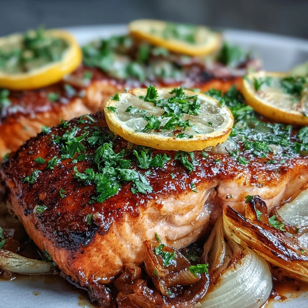 A close-up of One-Pan Roast Salmon with Leeks, Onions, and Parsley Dressing highlights the flaky texture and vibrant green herbs.