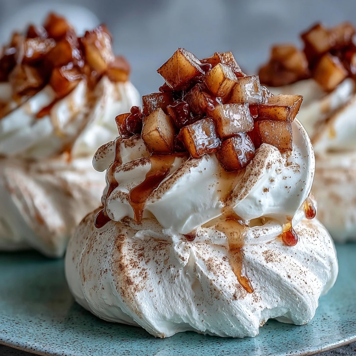 Four crisp Mini Hot Toddy Pavlovas stand on a white plate, each crowned with whipped cream and whisky-poached pears dusted with cinnamon.
