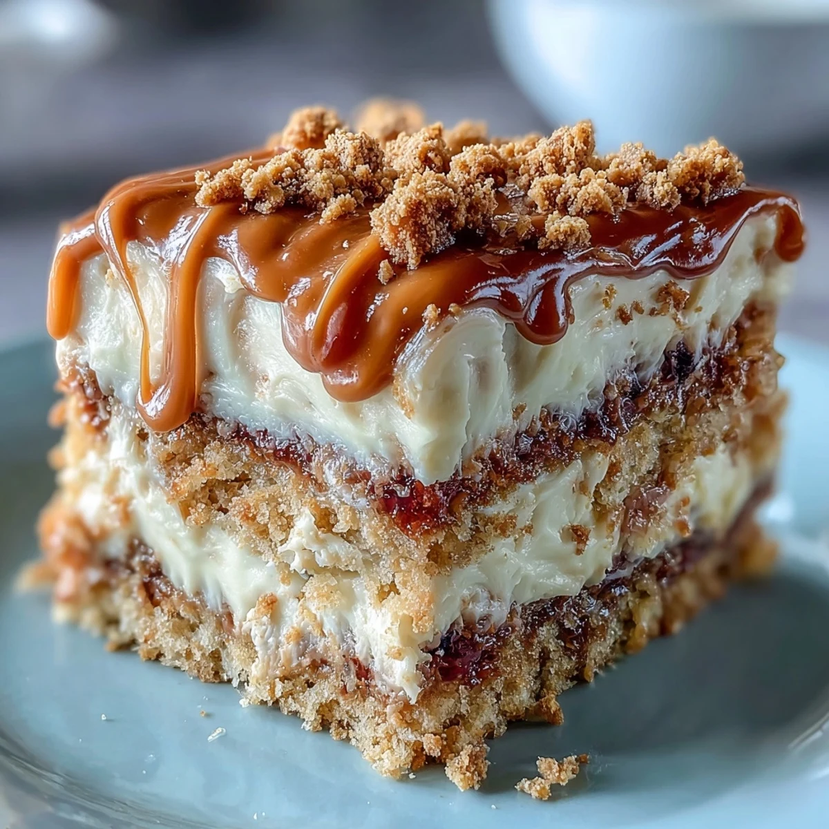 Freshly baked Decadent Baked Biscoff Cake with Creamy Lotus Frosting, featuring crumbled cookies on top and a rich caramel glaze drizzled over the fluffy white frosting.