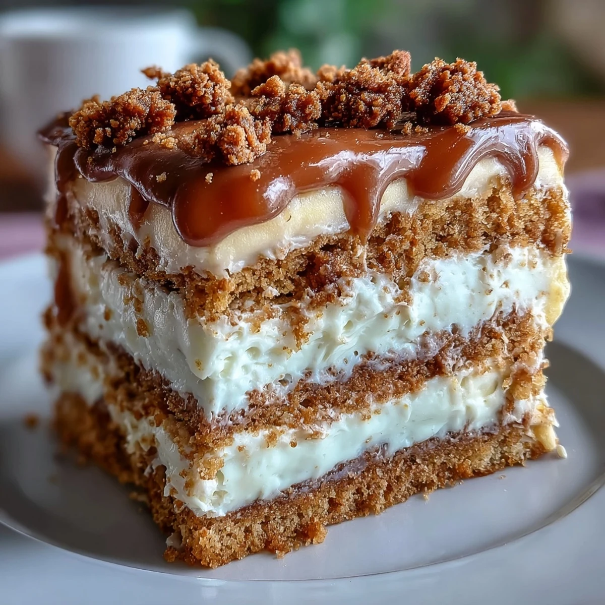 Side view of Decadent Baked Biscoff Cake with Creamy Lotus Frosting, highlighting the golden baked crust and thick layers of creamy frosting in a rustic kitchen setting.