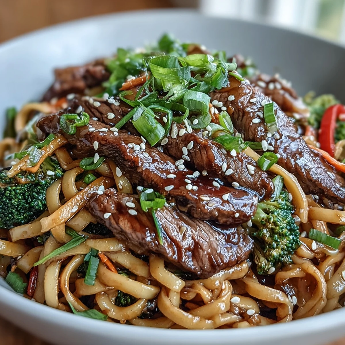 Korean Beef Noodles with tender steak and crisp vegetables tossed in a glossy, garlicky sauce.