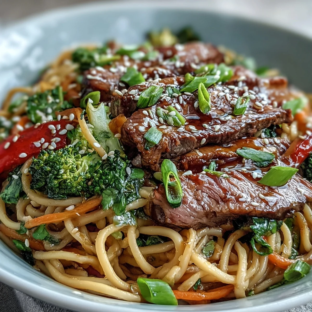 Silky rice noodles mingle with browned flank steak, broccoli, bell peppers, and carrots in a wok.