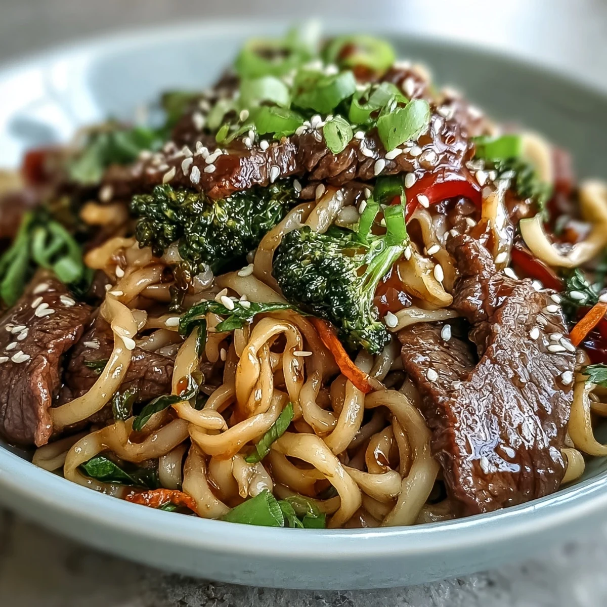 Garnished with green onions and sesame seeds, this sizzling skillet of Korean Beef Noodles is served steaming hot.