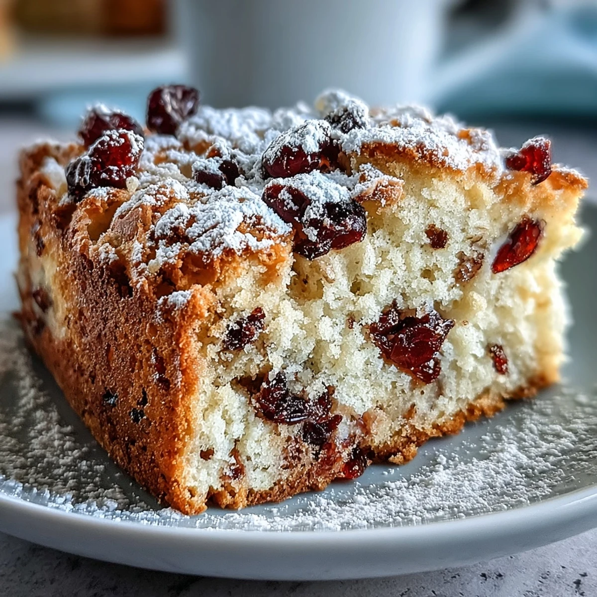 Freshly baked Cranberry Orange Breakfast Cake with a golden crust, scattered orange zest, and vibrant red cranberries on top.