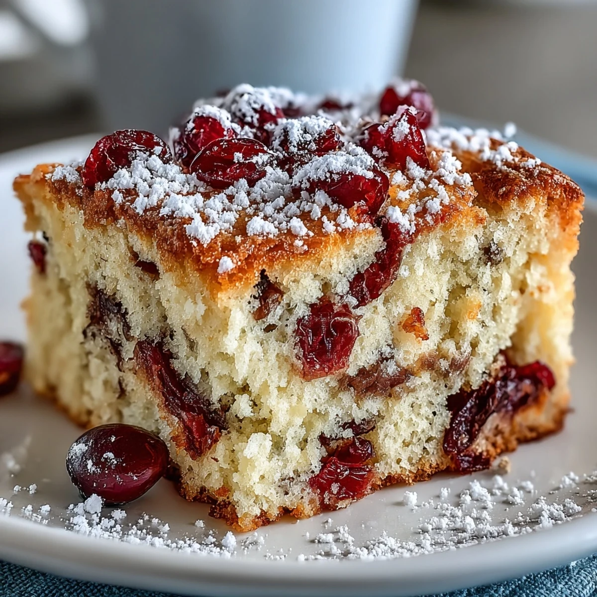 Cranberry Orange Breakfast Cake on a wooden board, dusted with powdered sugar, perfect for a cozy brunch serving.