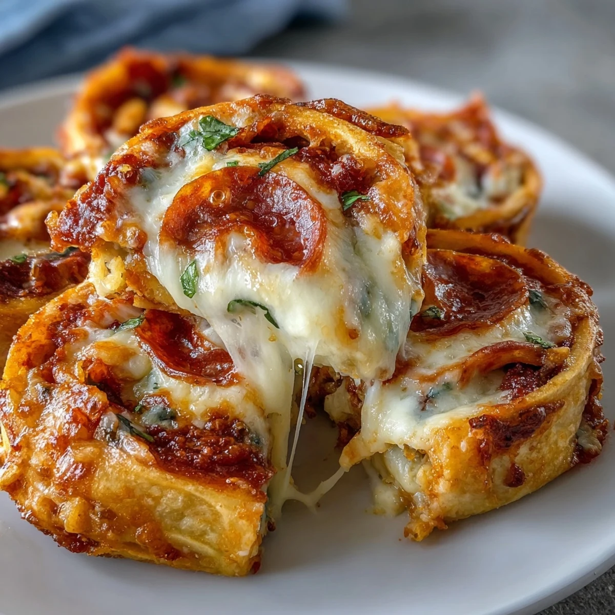 Golden Tortilla Pizza Rolls are sliced open to show a gooey mozzarella pull and vibrant bell peppers on a white plate.
