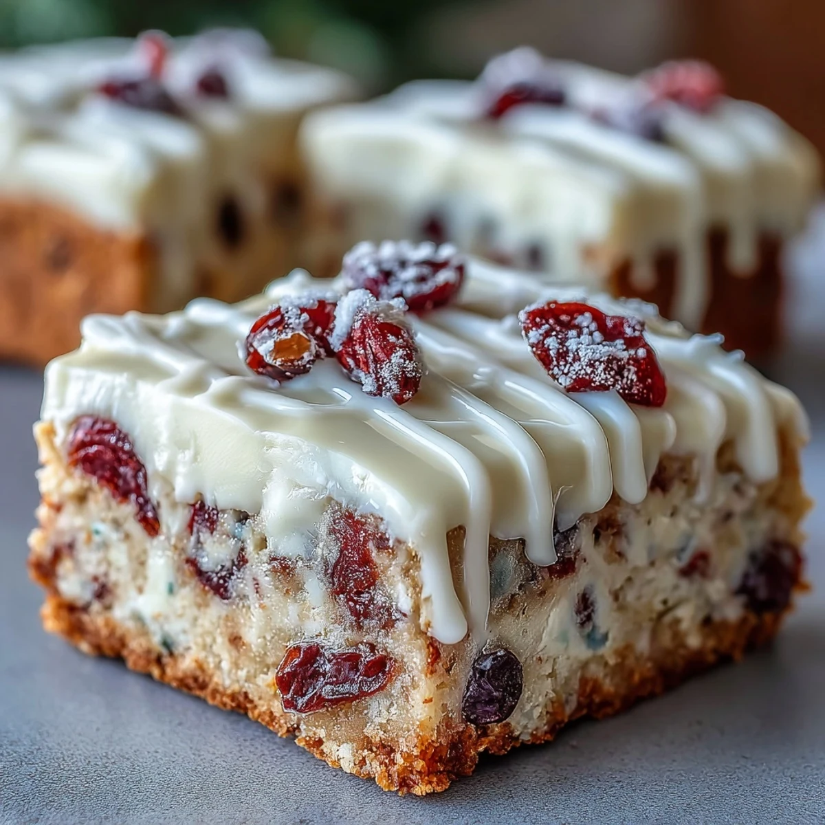 Freshly baked Cranberry Bliss Bars with orange cream cheese frosting and a white chocolate drizzle on a rustic wooden board.