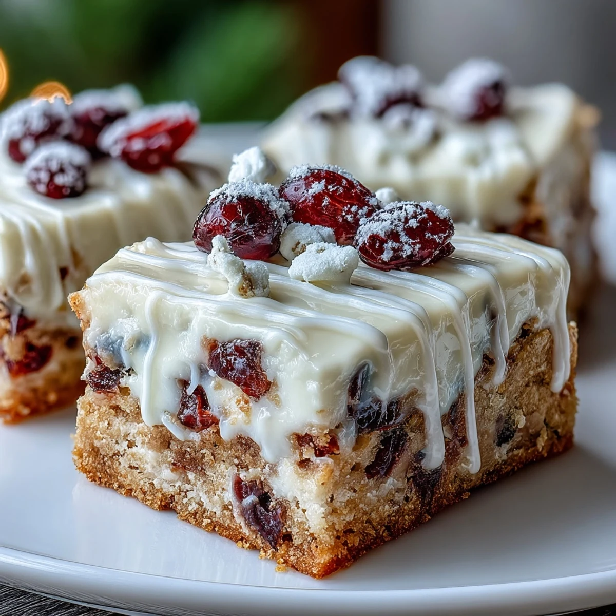 Plated Cranberry Bliss Bars with a glass of milk, perfect for holiday dessert trays or afternoon coffee treats.