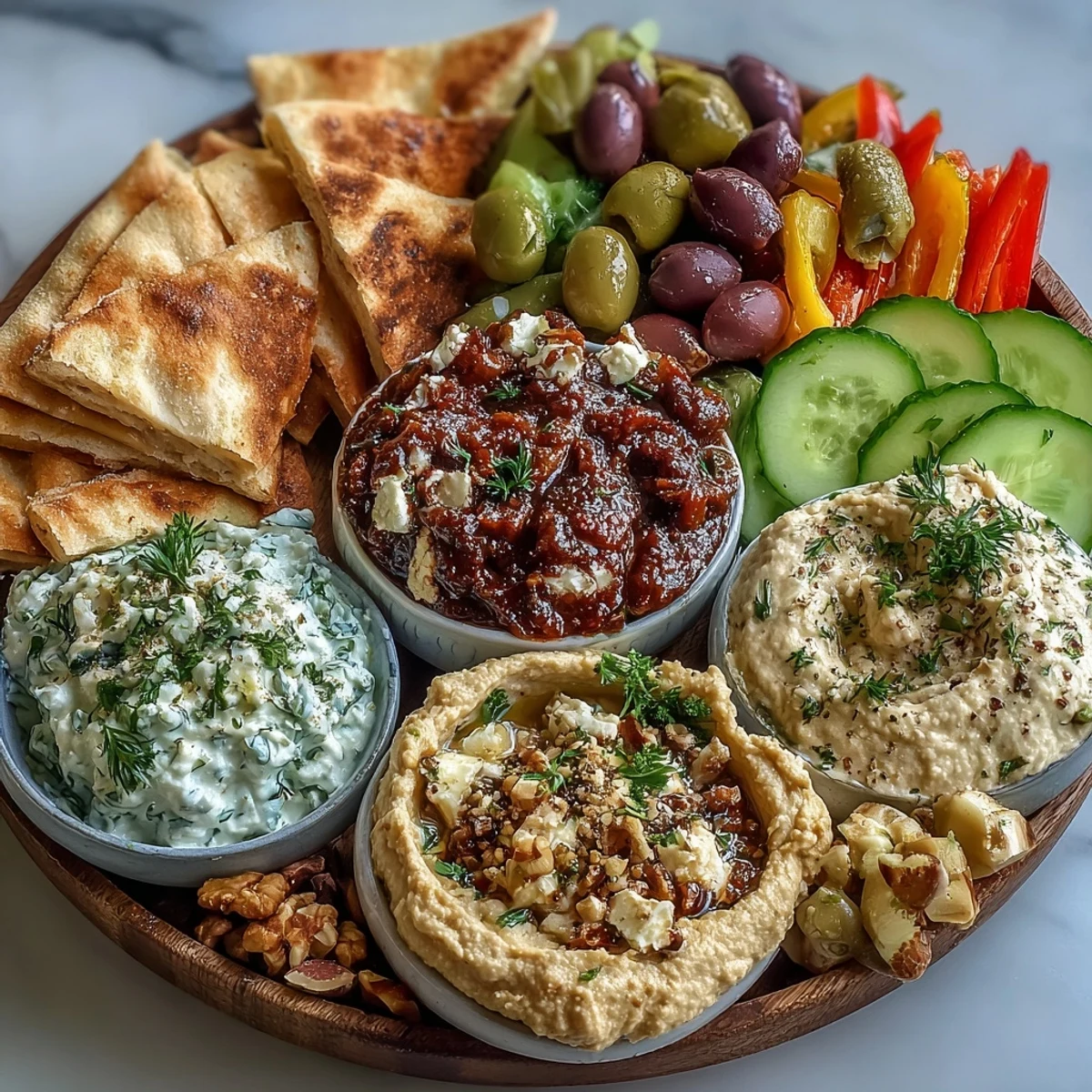 Close-up of a Mediterranean Brunch Board with hummus and tzatziki, garnished with fresh herbs for a savory bite.