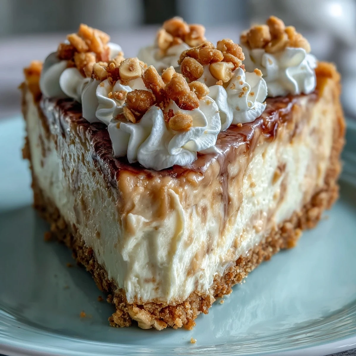 A perfectly sliced wedge of Nutter Butter Cheesecake revealing a creamy filling on a Nutter Butter crust, garnished with chopped peanuts.