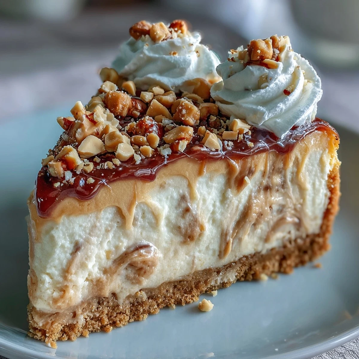 A freshly baked Nutter Butter Cheesecake topped with fluffy whipped cream and peanut garnish on a rustic wooden serving board.