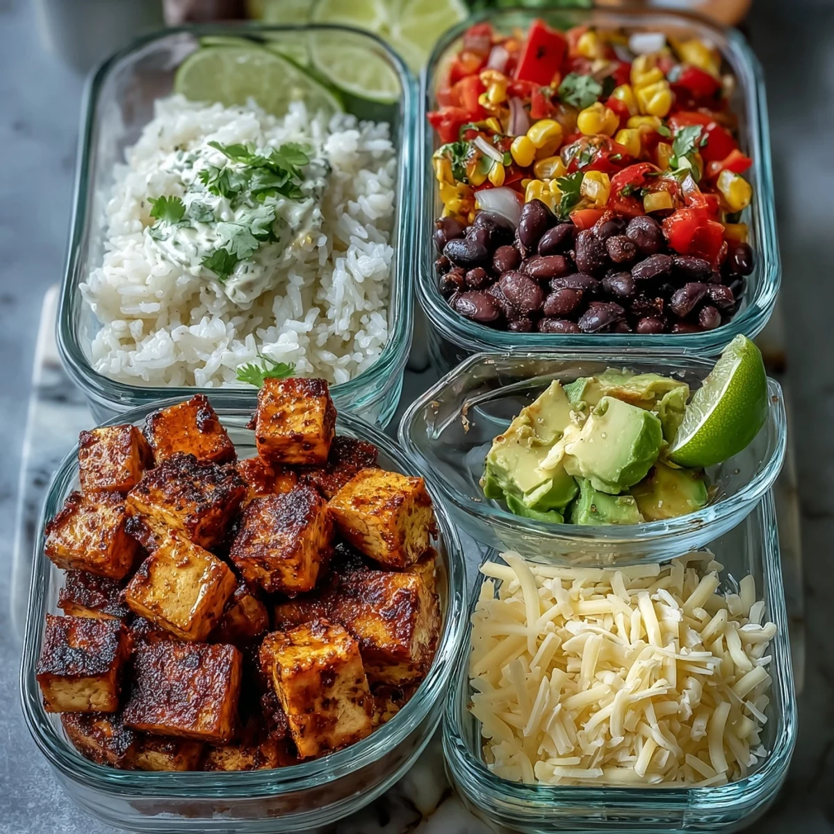 A vibrant, deconstructed Meal Prep Burrito Bowl Base with toppings like creamy avocado, shredded cheese, and pico de gallo ready to mix.