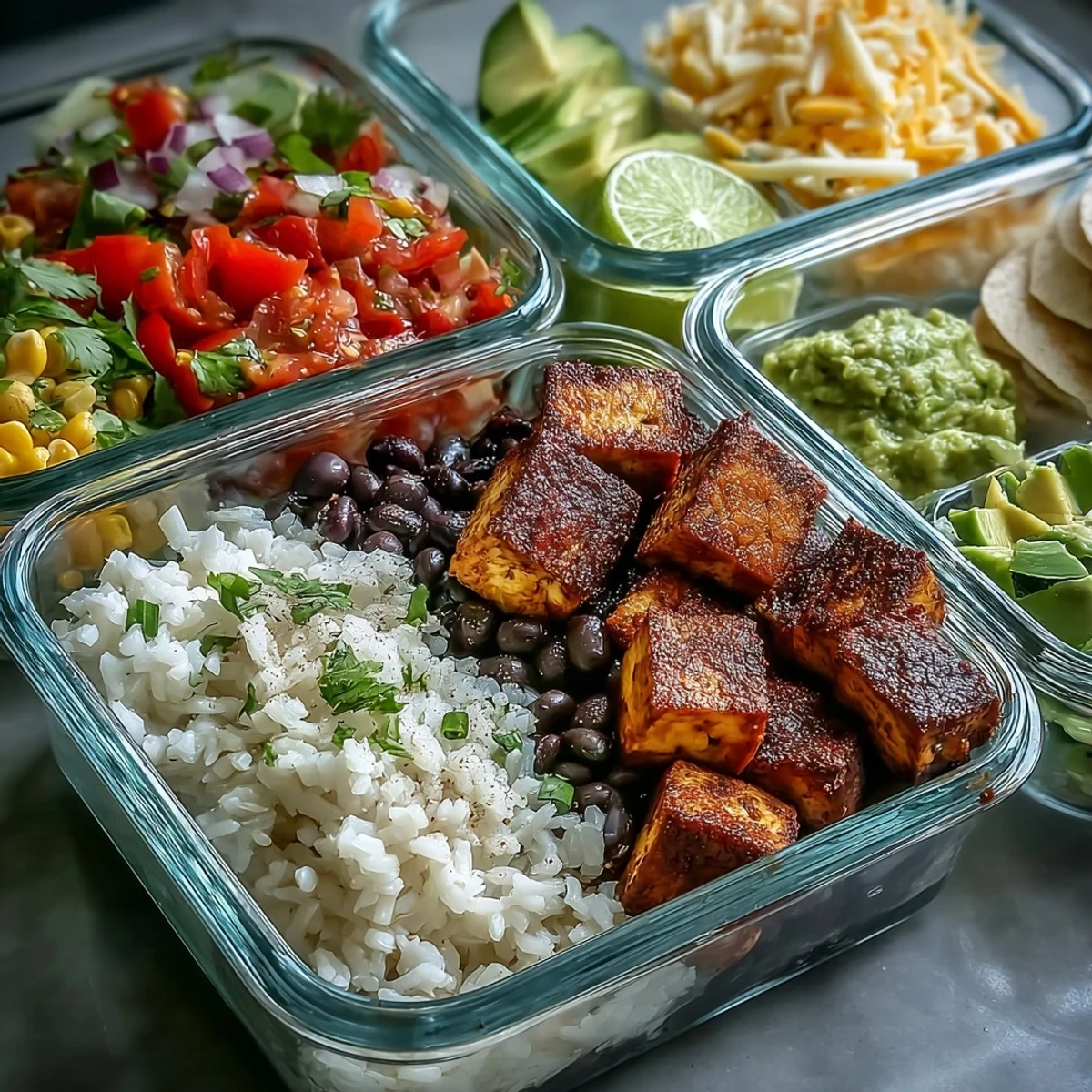 Colorful Meal Prep Burrito Bowl Base components arranged for meal prep, featuring sautéed tofu, chopped lettuce, and zesty lime wedges on the side.