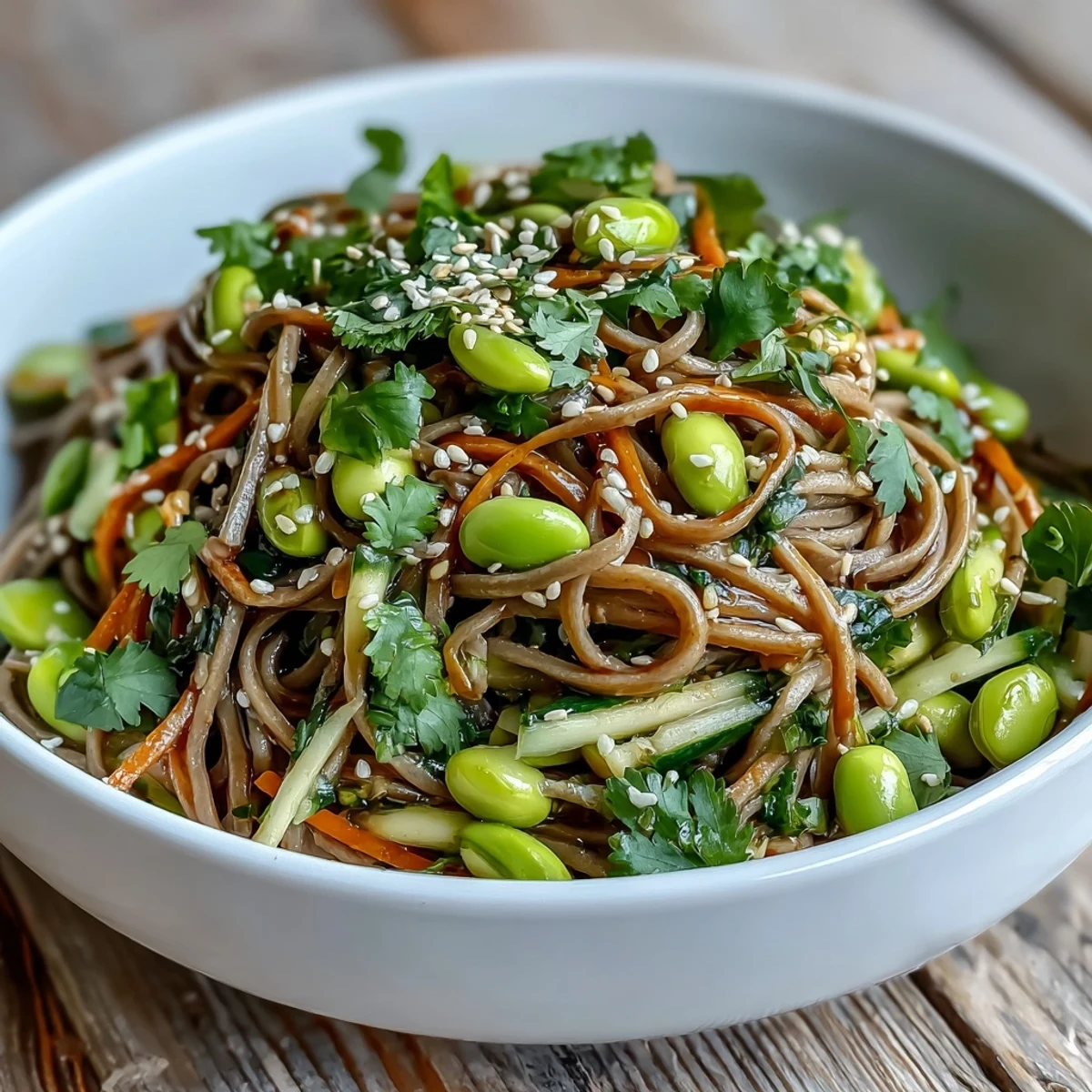 Freshly cooked Soba Noodle Bowl with crisp cucumber, carrots, and edamame, drizzled with a rich sesame dressing for a light meal.  