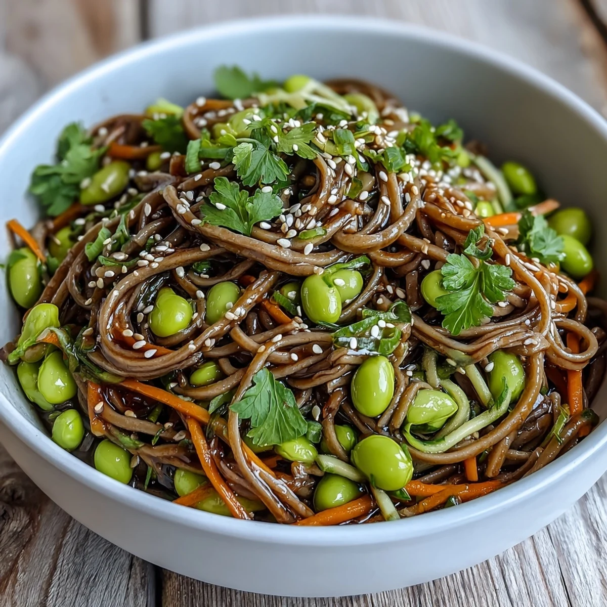 Chewy buckwheat noodles in a vibrant Soba Noodle Bowl, tossed with colorful vegetables and a savory sesame sauce for a refreshing lunch.