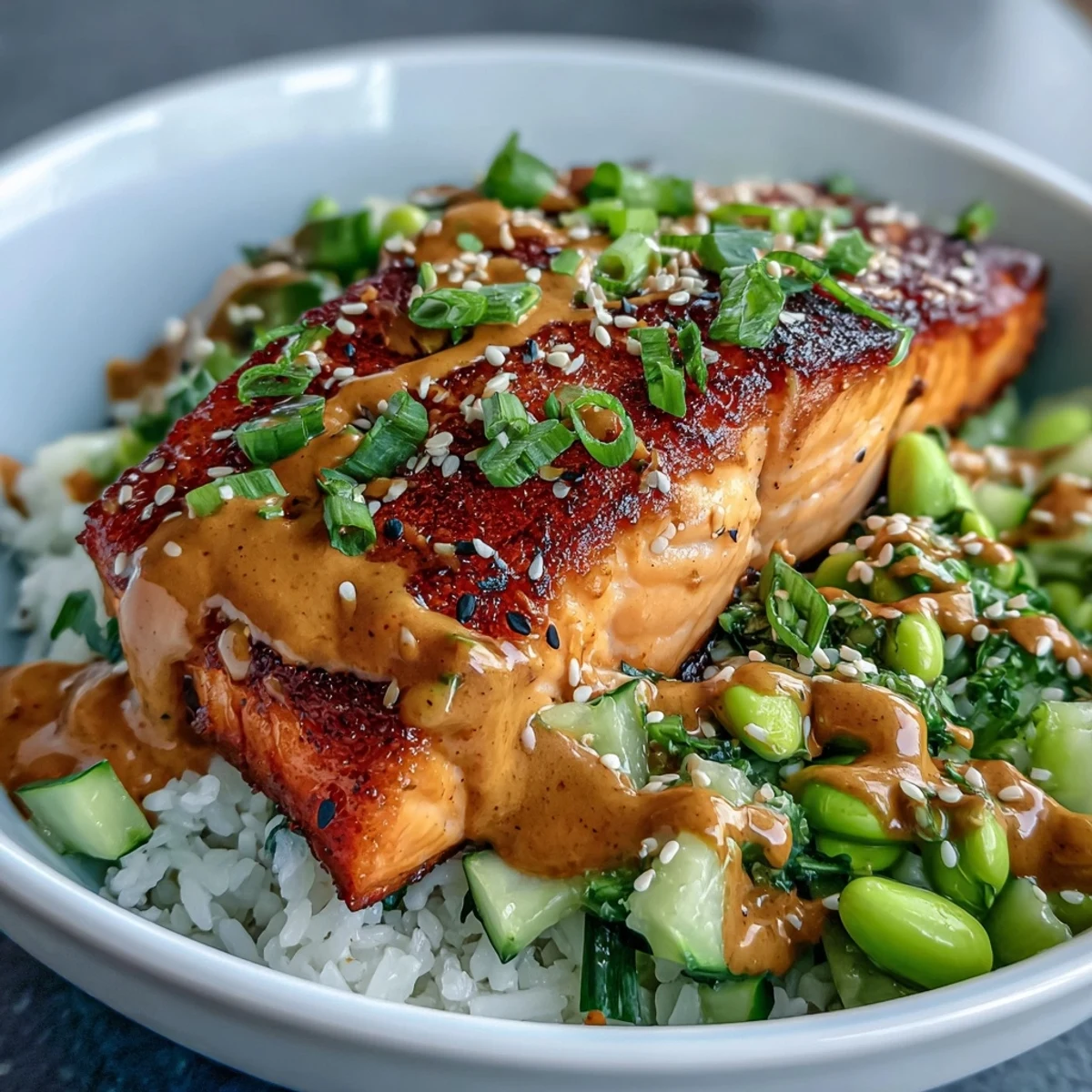 A generous drizzle of creamy bang bang sauce coats the fish and adds a glossy finish.