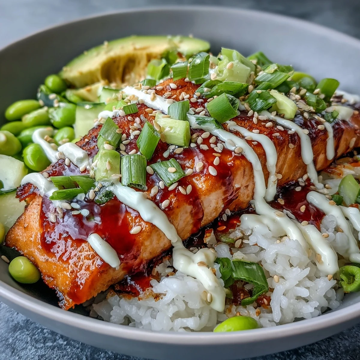 Overhead view of a Honey Sriracha Salmon Bowl showcasing bright edamame, cucumber slices, and a drizzle of sriracha mayo.