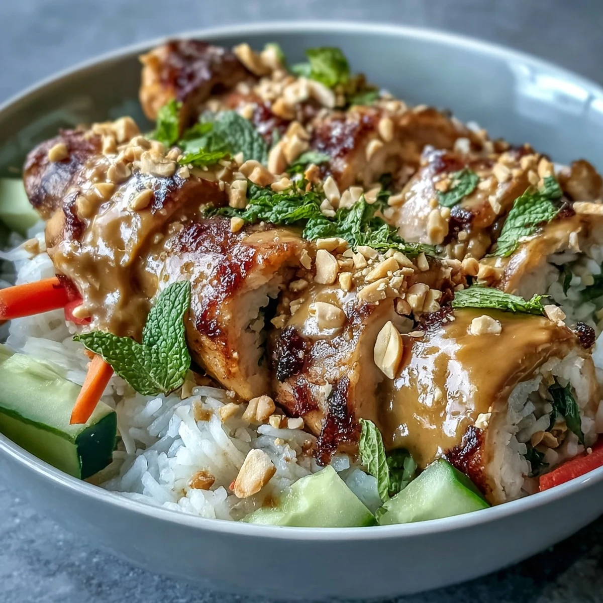 Colorful Rice Paper Roll Bowl with shrimp, mixed greens, and rice paper shards served with lime wedges for zest.