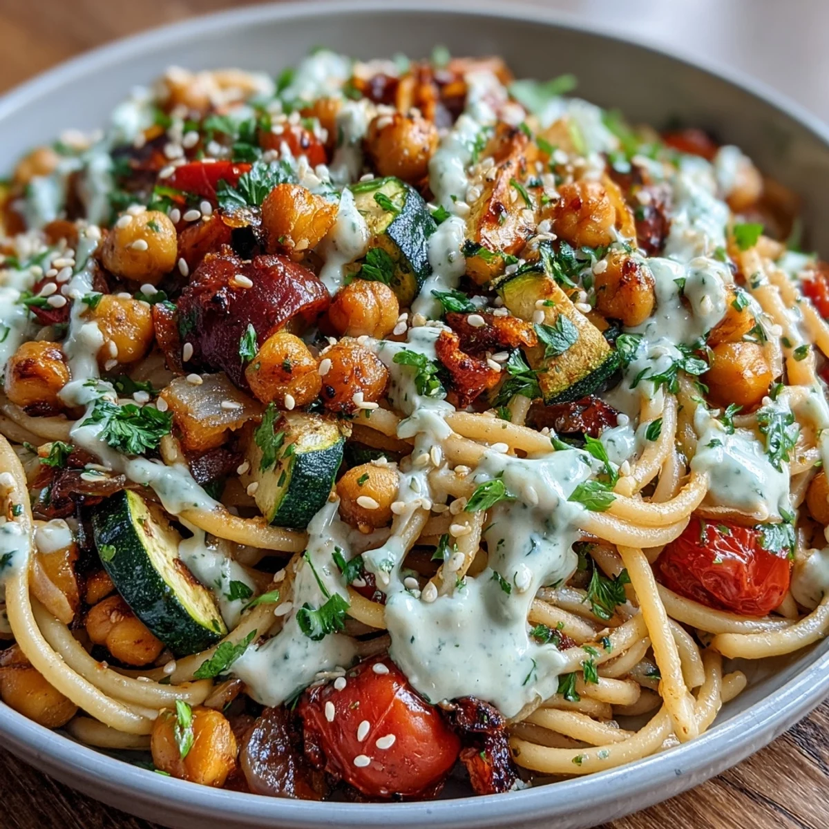 A vibrant Chickpea Pasta Bowl with roasted zucchini, bell peppers, and creamy tahini sauce garnished with parsley.