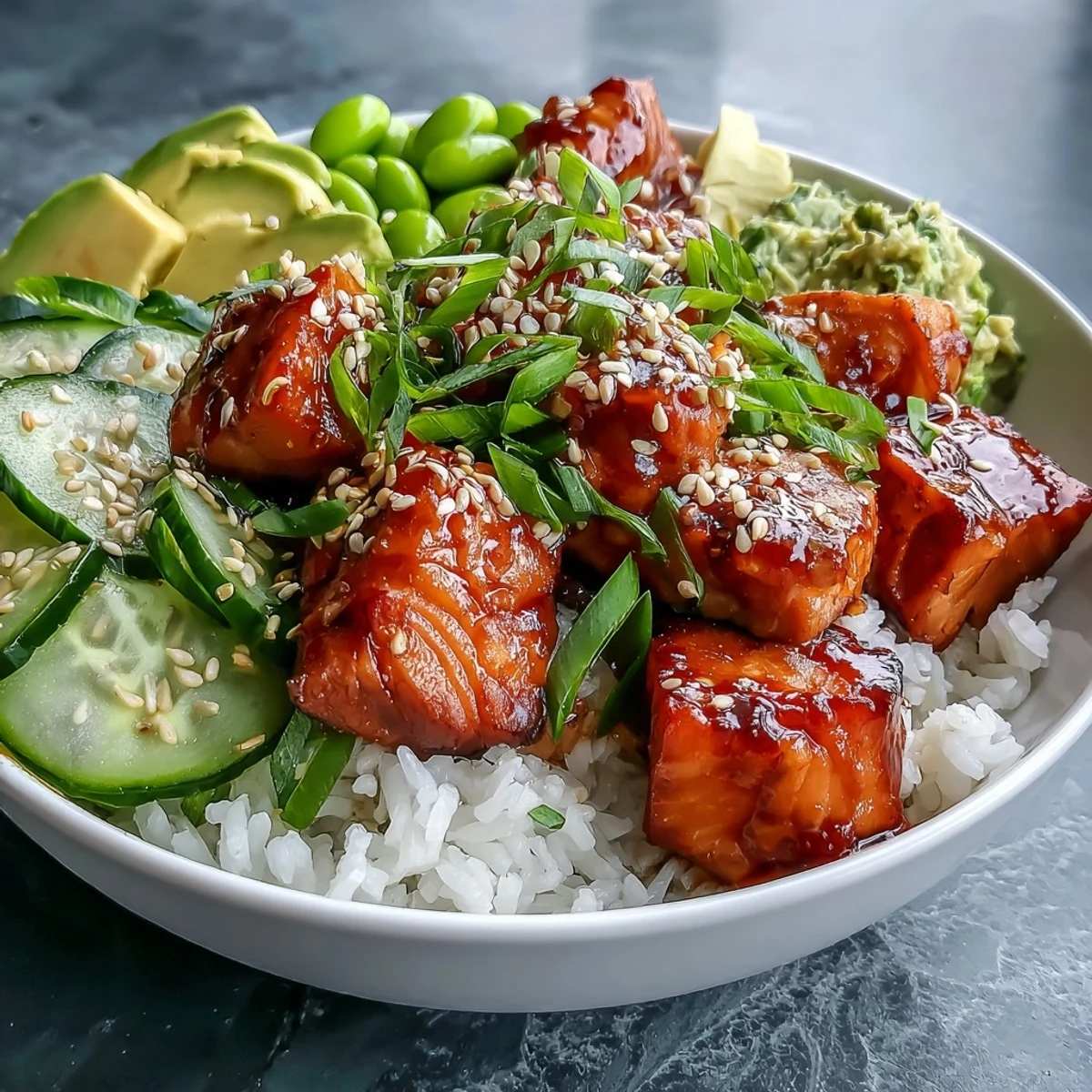 Golden baked salmon cubes glazed with soy and honey sit atop fluffy jasmine rice, with edamame, cucumber, and avocado slices. Sriracha mayo drizzles over the finished Salmon Rice Bowl.