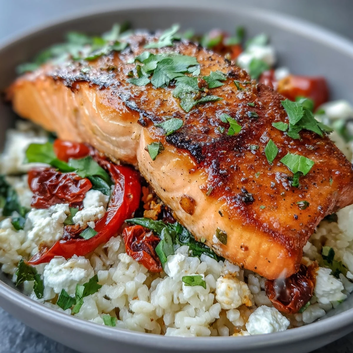 Pan-seared Mediterranean Salmon Bowl with crispy rice, colorful peppers, and crumbled feta, garnished with fresh cilantro.