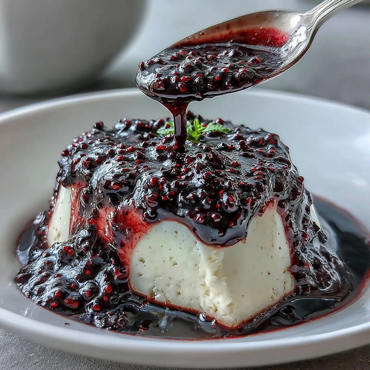 A vibrant, jewel-toned black currant sauce simmering in a saucepan with a wooden spoon ready to serve.