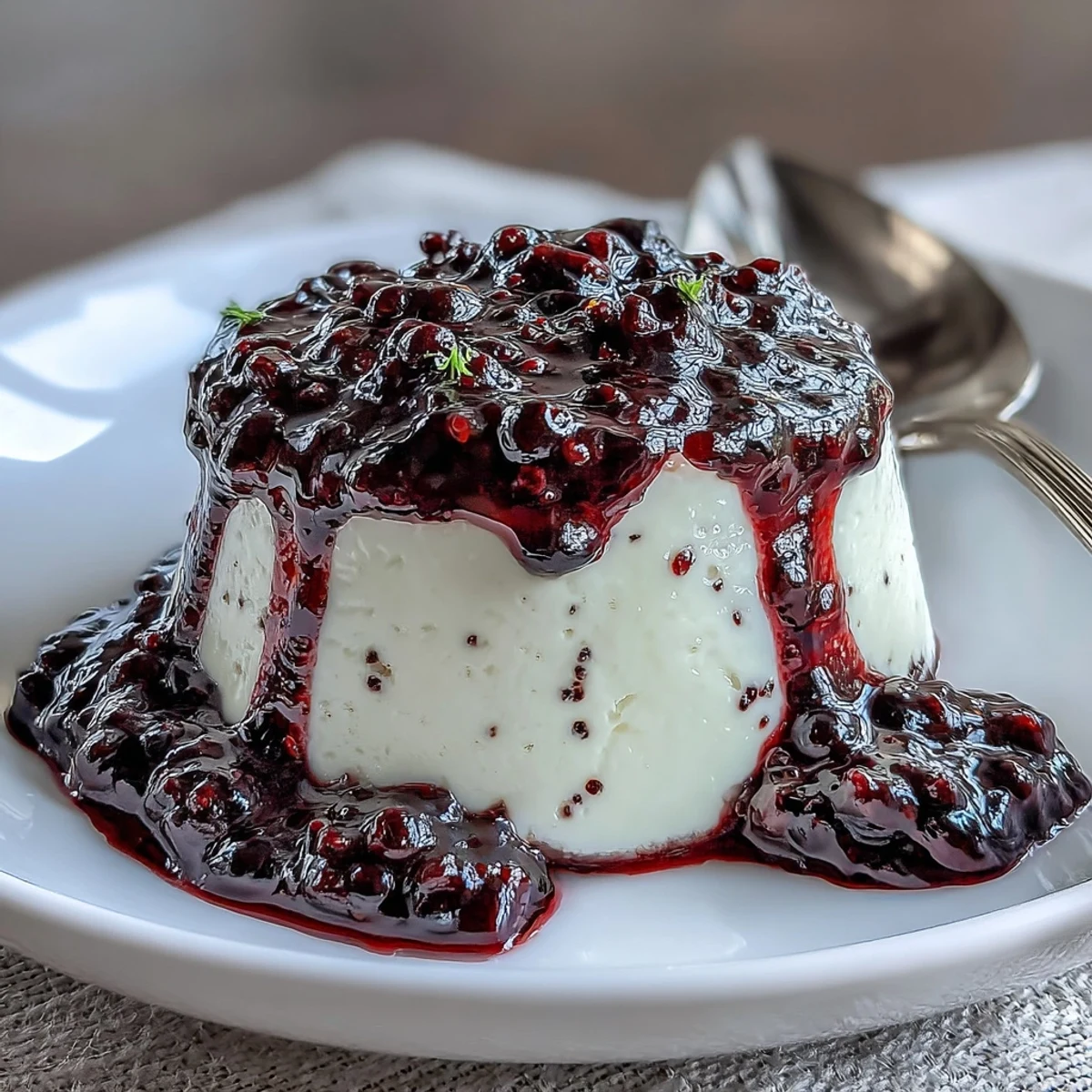 Glossy black currant sauce drizzled over creamy vanilla panna cotta, perfect for a European-style dessert.