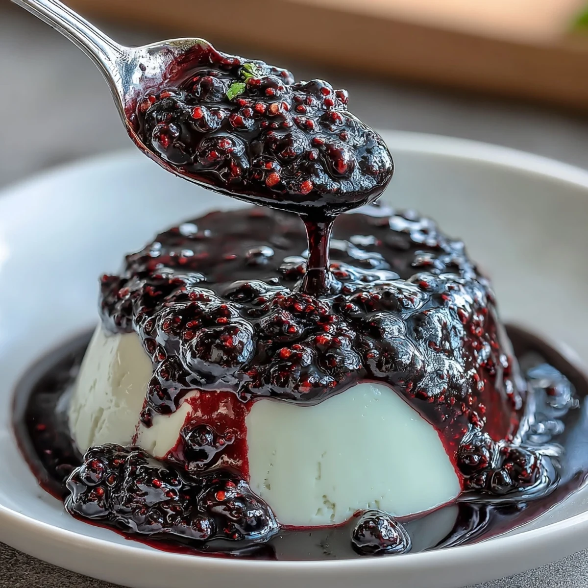 Bright purple black currant sauce spooned over a slice of rich cheesecake, topped with fresh berries for garnish.