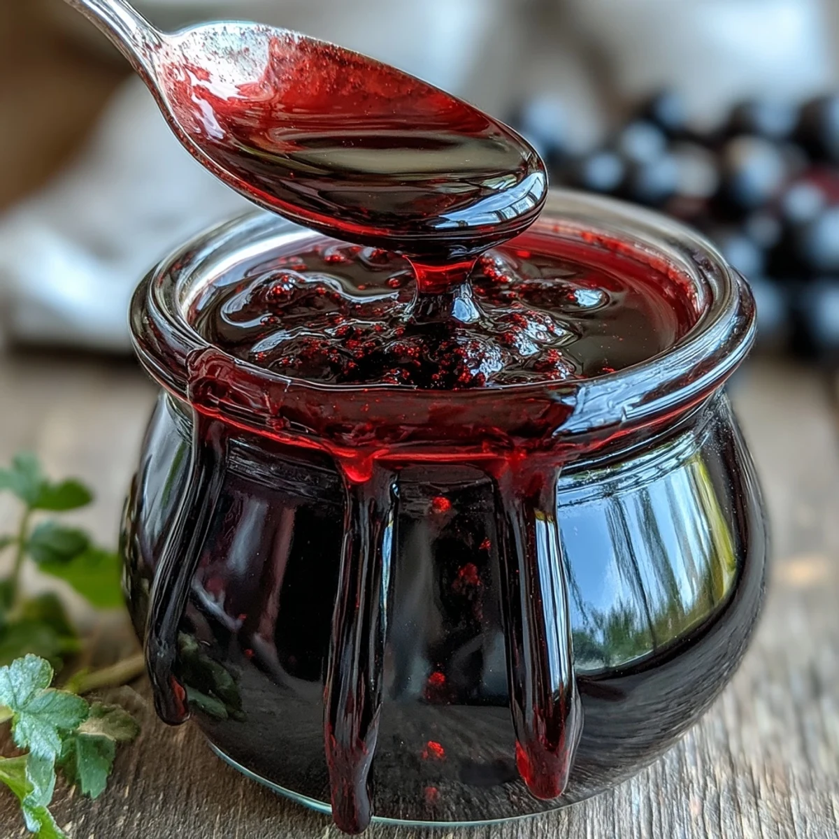 A glass bottle showcases homemade Black Currant Syrup beside fresh berries.