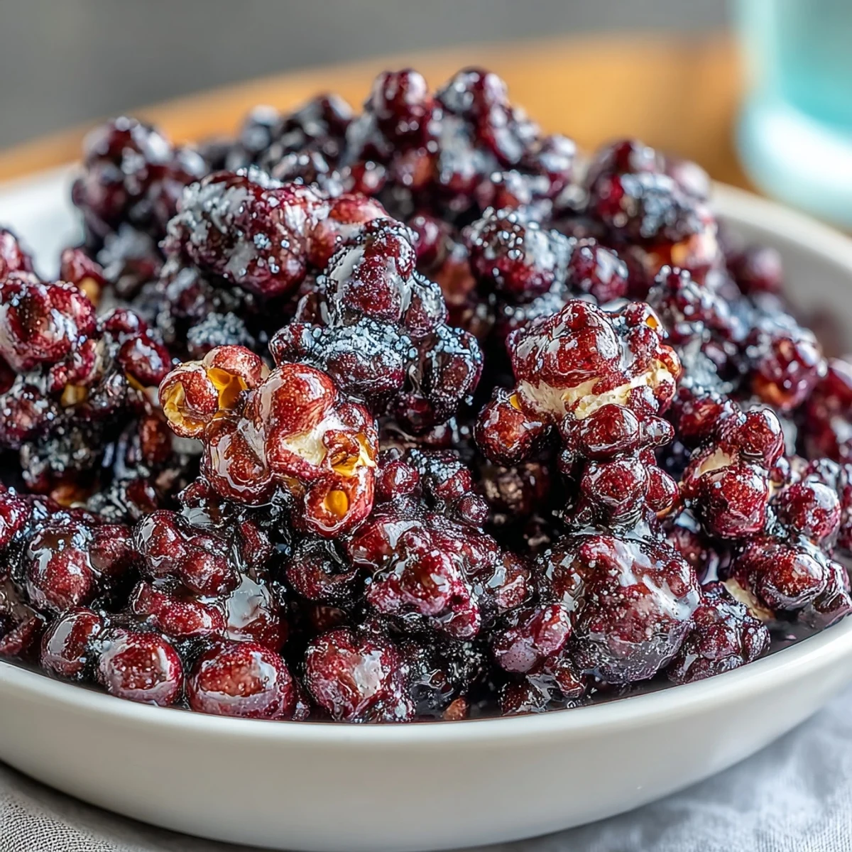 Warm Black Currant Cheesecake Kettle Corn piled high in a rustic ceramic bowl, topped with powdered sugar.